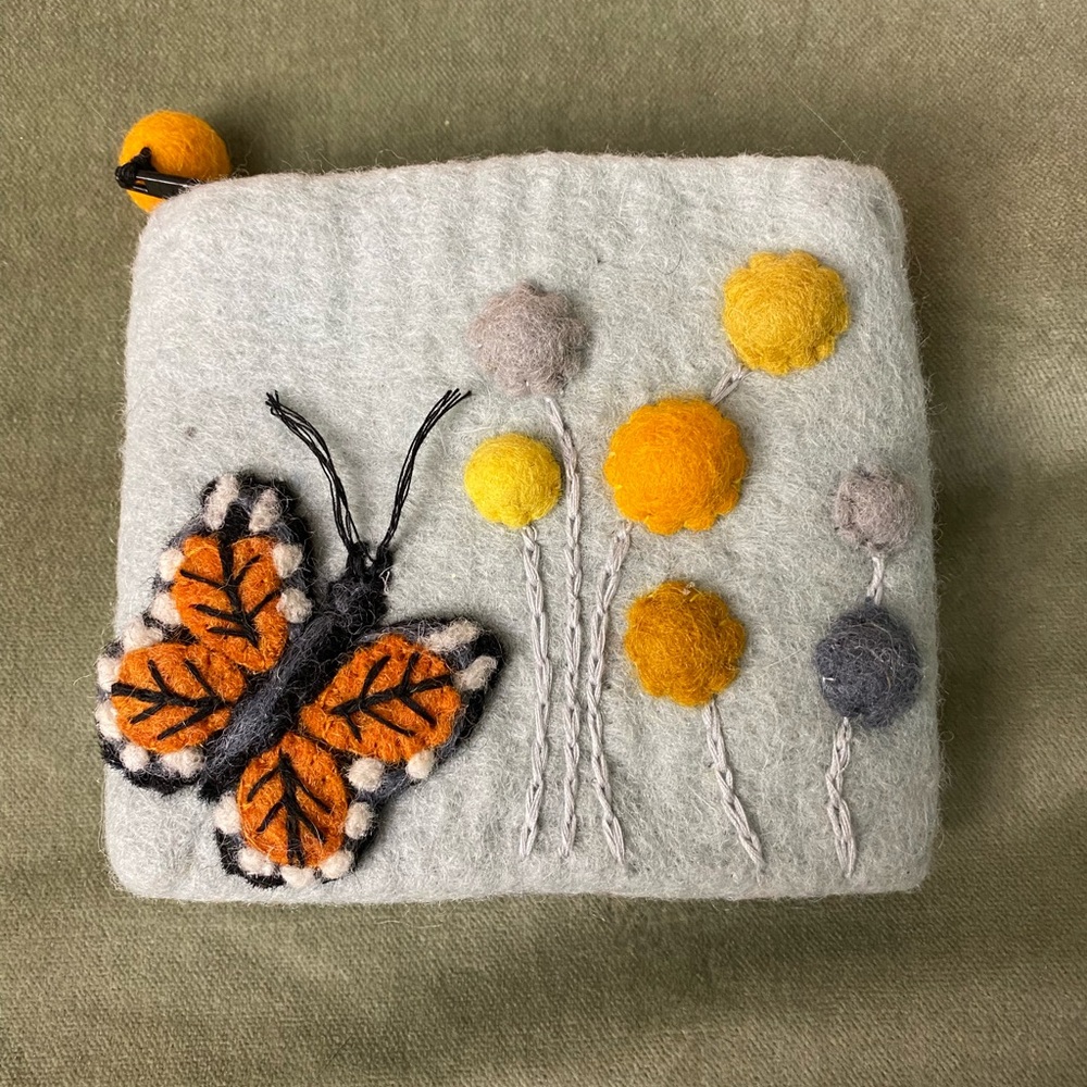 Felt Pouch with Monarch Butterfly and Floral Design coin purse